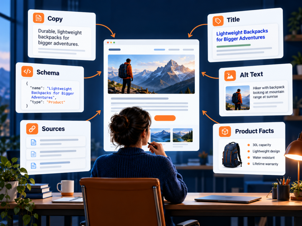 Content editor reviewing copy, title, schema, alt text, sources, and product facts around one page.