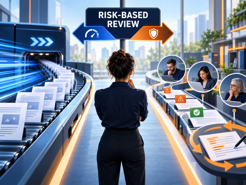 Risk-based review route balancing publishing speed with expert checks and a correction loop.