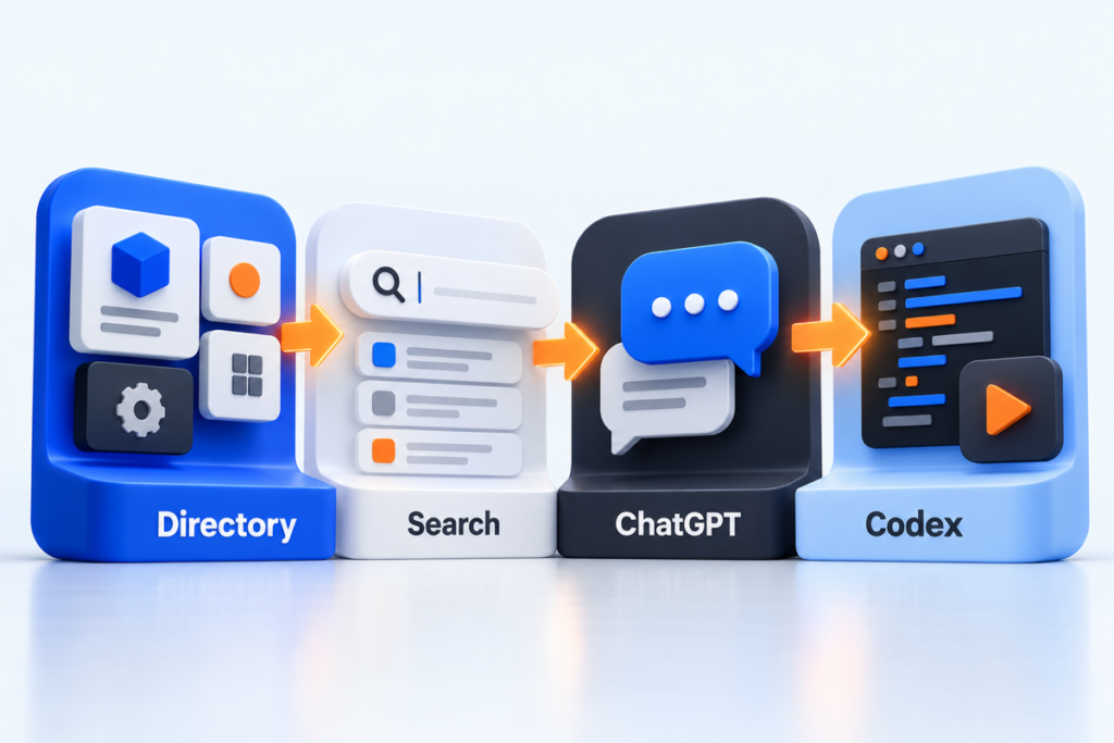 Four plugin discovery surfaces moving from Directory and Search to ChatGPT and Codex.