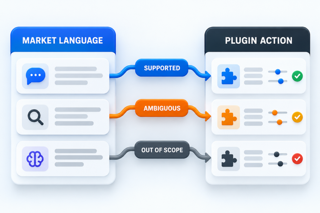 Market language routed to supported, ambiguous, and out-of-scope plugin actions.