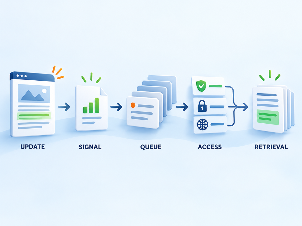 A page update travels through a verified change signal into an AI crawler queue, while access controls remain separate.