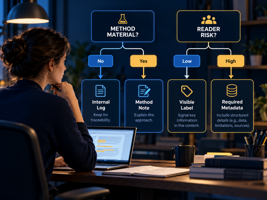 Decision tree routing AI use to an internal log, method note, visible label, or required metadata.