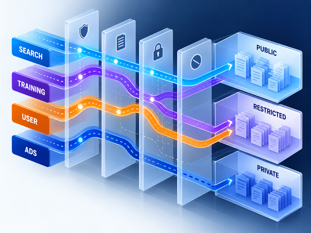 A layered access map separates search, training, user, and ad crawlers before they reach public, restricted, and private URL classes.