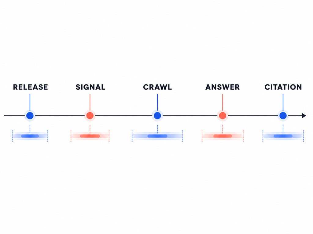 A horizontal timeline separates release, change signal, verified crawl, changed answer, and first visible citation with uncertainty between each stage.