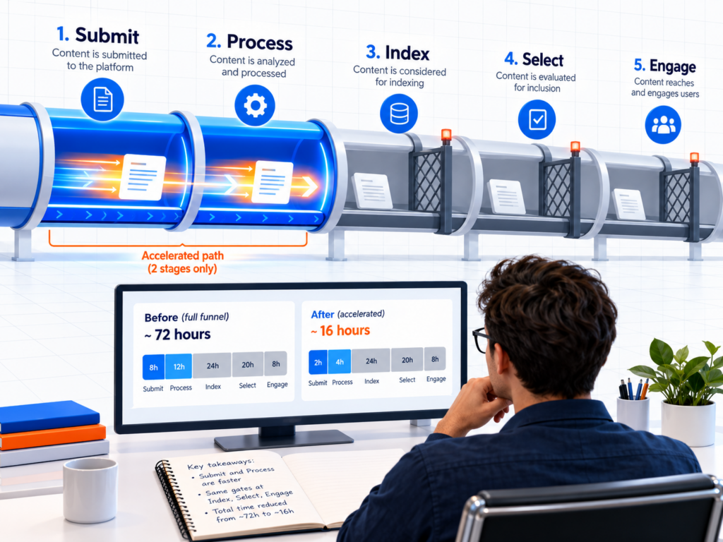 Accelerated submission and processing followed by separate indexing, selection, and engagement gates.