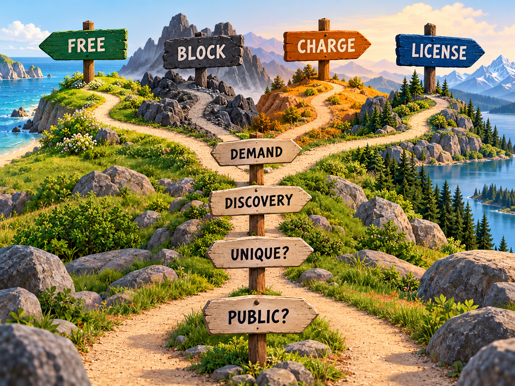 A decision tree routes content through public status, uniqueness, discovery value, and buyer demand to free, block, charge, or direct-license outcomes.
