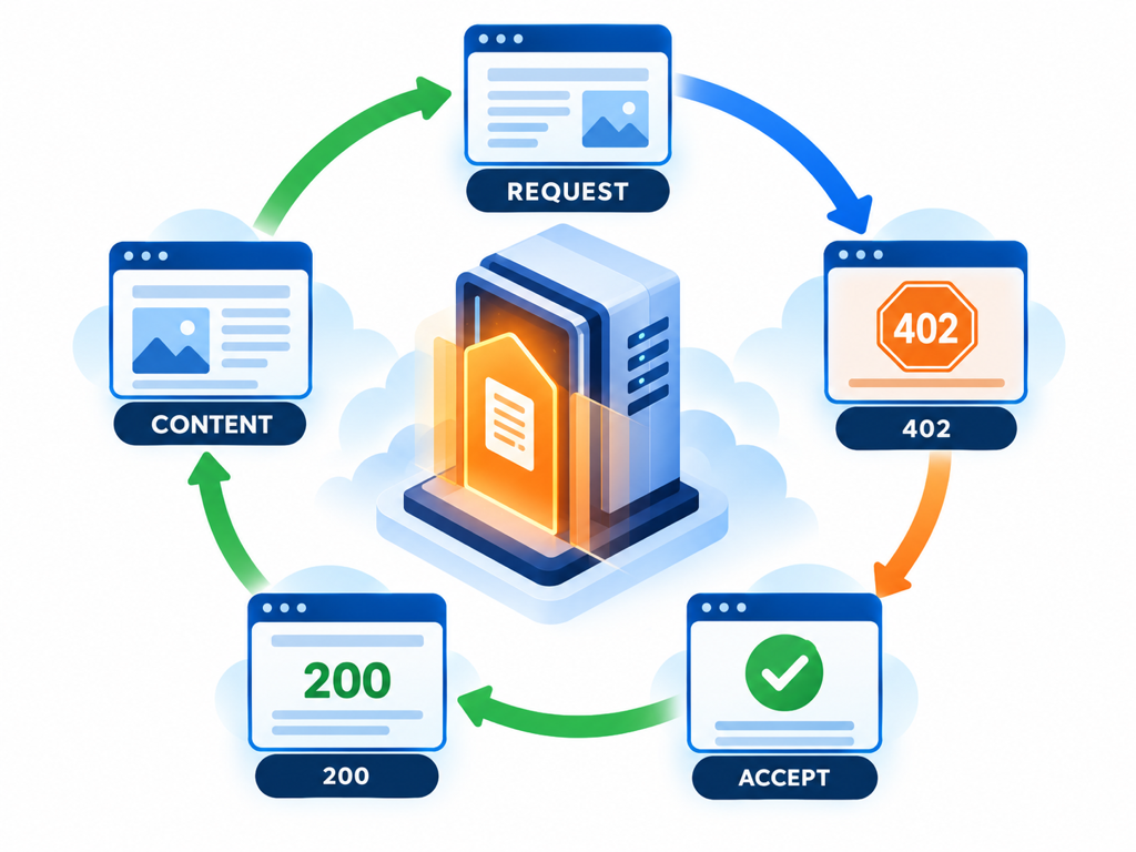 A technical cutaway shows a verified AI crawler encountering a 402 price, accepting the amount, and receiving a 200 response through the publisher gateway.