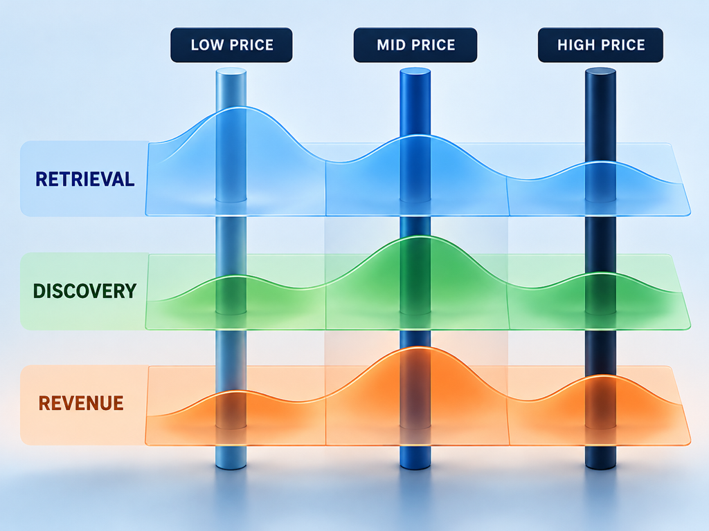 A sensitivity matrix compares low, medium, and high crawler prices against paid retrieval volume, discovery retention, and revenue quality.