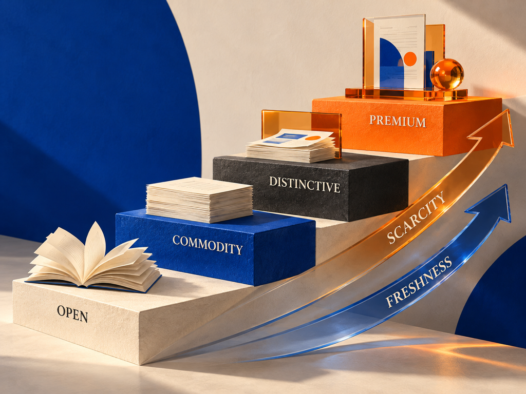 A pricing staircase moves from free discovery through commodity, distinctive, and premium content, with freshness and scarcity increasing at each step.