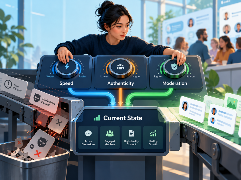 Speed, authenticity, and moderation controls feeding a trusted current-state panel.