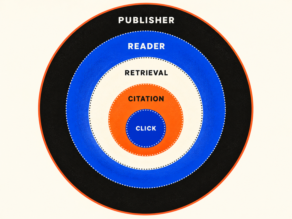 A control-boundary chart places publisher implementation, reader selection, Google retrieval, citation, and click in separate ownership zones.
