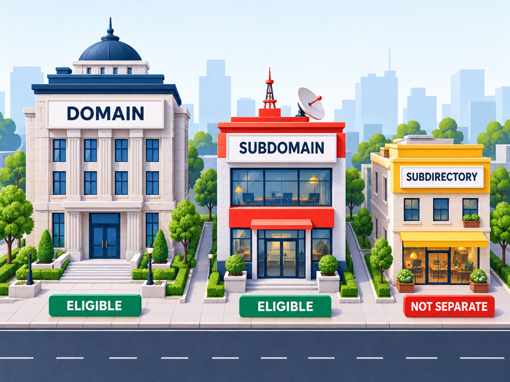 An eligibility map compares an eligible root domain, eligible news subdomain, and ineligible standalone blog subdirectory inside one publisher architecture.