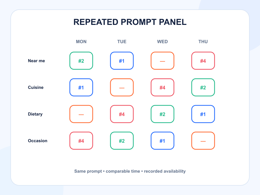 Repeated restaurant prompt panel across days, intents, and availability states