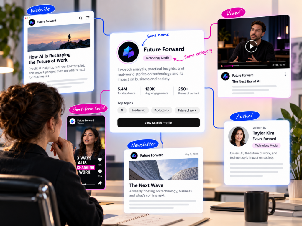One publisher profile connecting website, video, social, newsletter, and author content.