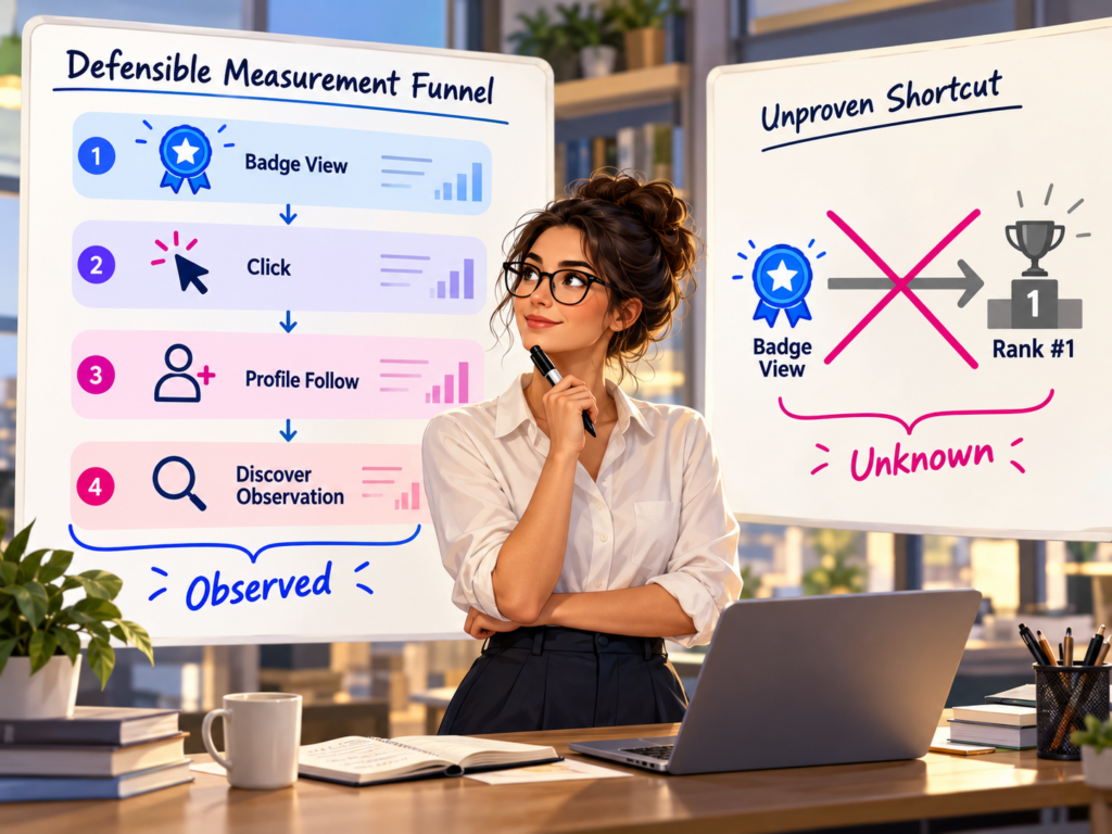 Measured profile adoption funnel contrasted with an unsupported direct ranking claim.