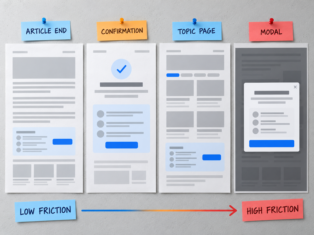 A wireframe grid compares end-of-article, newsletter confirmation, topic page, and intrusive modal placements with friction and intent annotations.