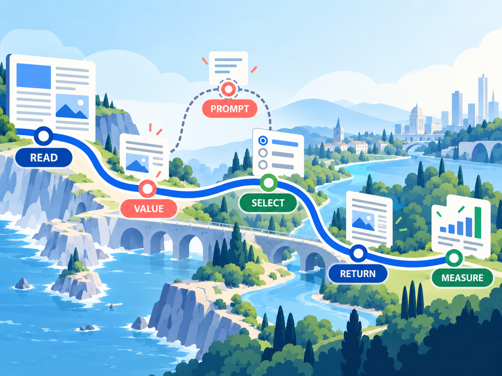 A reader journey moves from article value to an optional Preferred Sources prompt, Google selection flow, return visit, and later surface measurement.