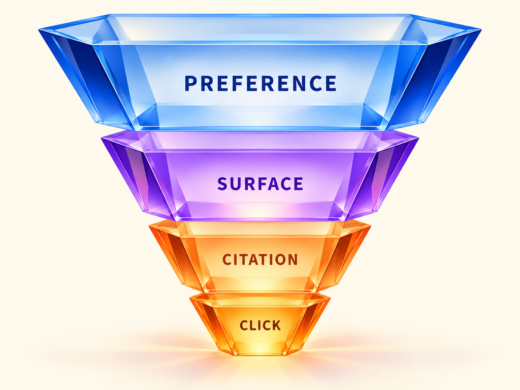 A four-stage funnel separates reader preference, Google surface presentation, AI source citation, and the optional referral click.