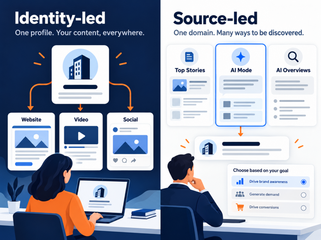 Identity-led profile connections compared with source-led selection across search experiences.