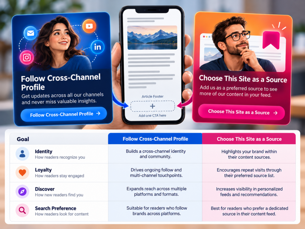 Article footer decision between following a cross-channel profile and choosing a site as a source.