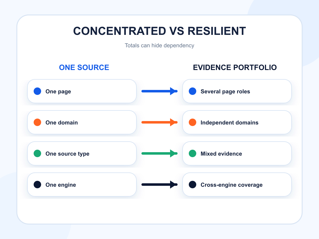 Concentrated citation dependence compared with a resilient evidence portfolio.