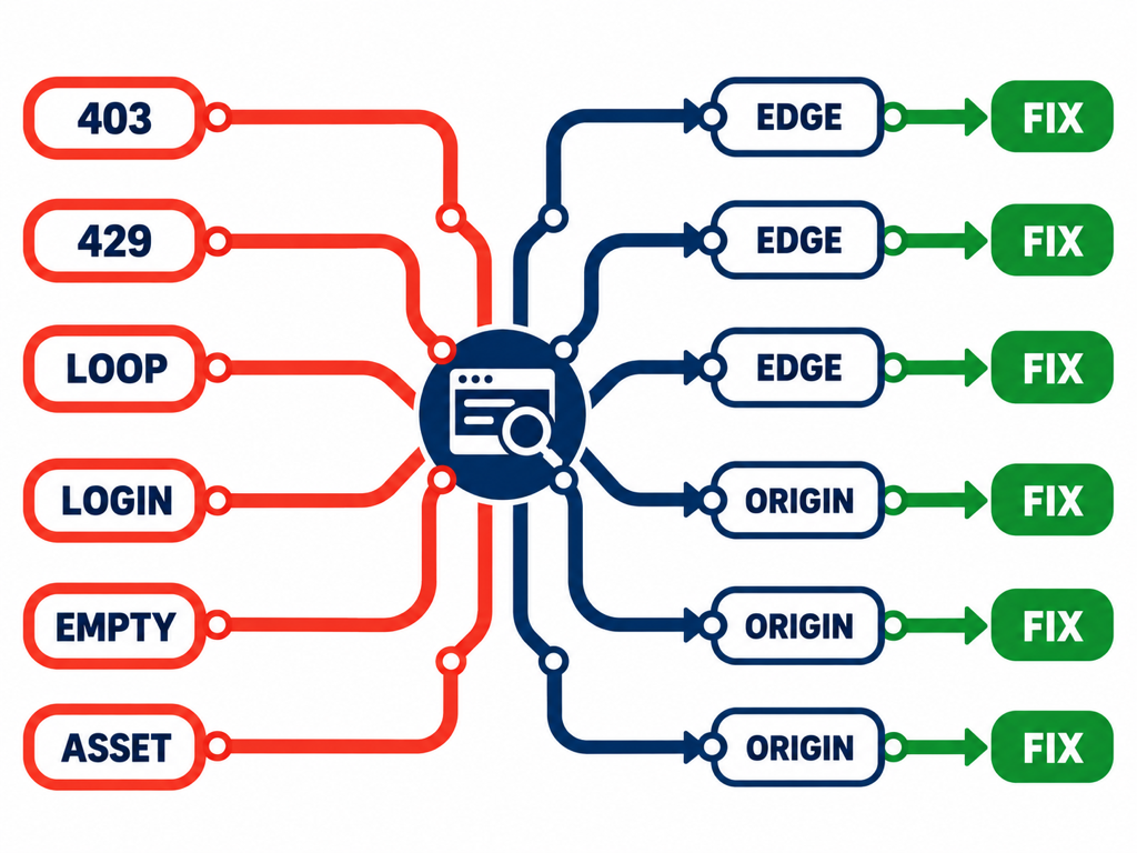 A diagnostic flowchart routes 403, 429, redirect, login, empty-render, and asset failures to the responsible infrastructure layer and next test.