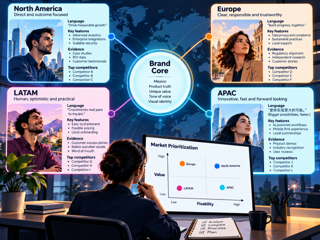 Stable brand identity connected to market-specific language, evidence, competitors, value, and fixability.