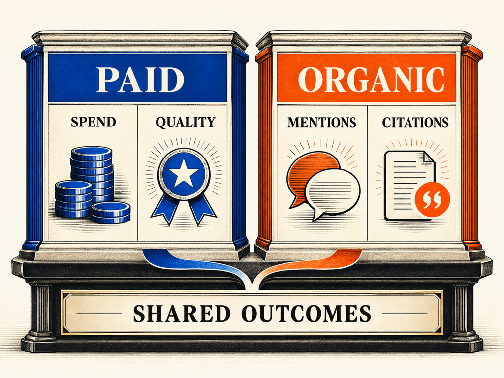 A dual-scorecard architecture shows paid conversation metrics on one side, organic visibility metrics on the other, and shared business outcomes below without merging attribution.