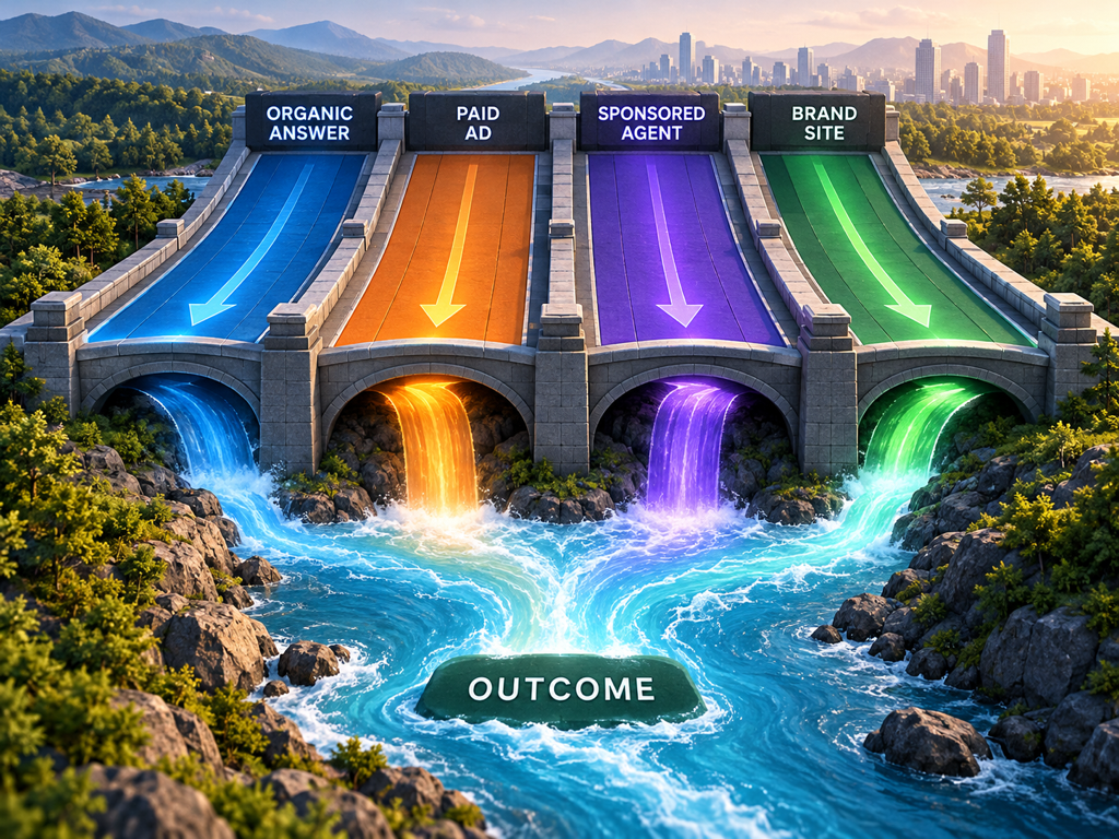 A system-boundary diagram keeps organic answer generation, paid ad delivery, Sponsored Agent conversation, and brand-site conversion in separate lanes.