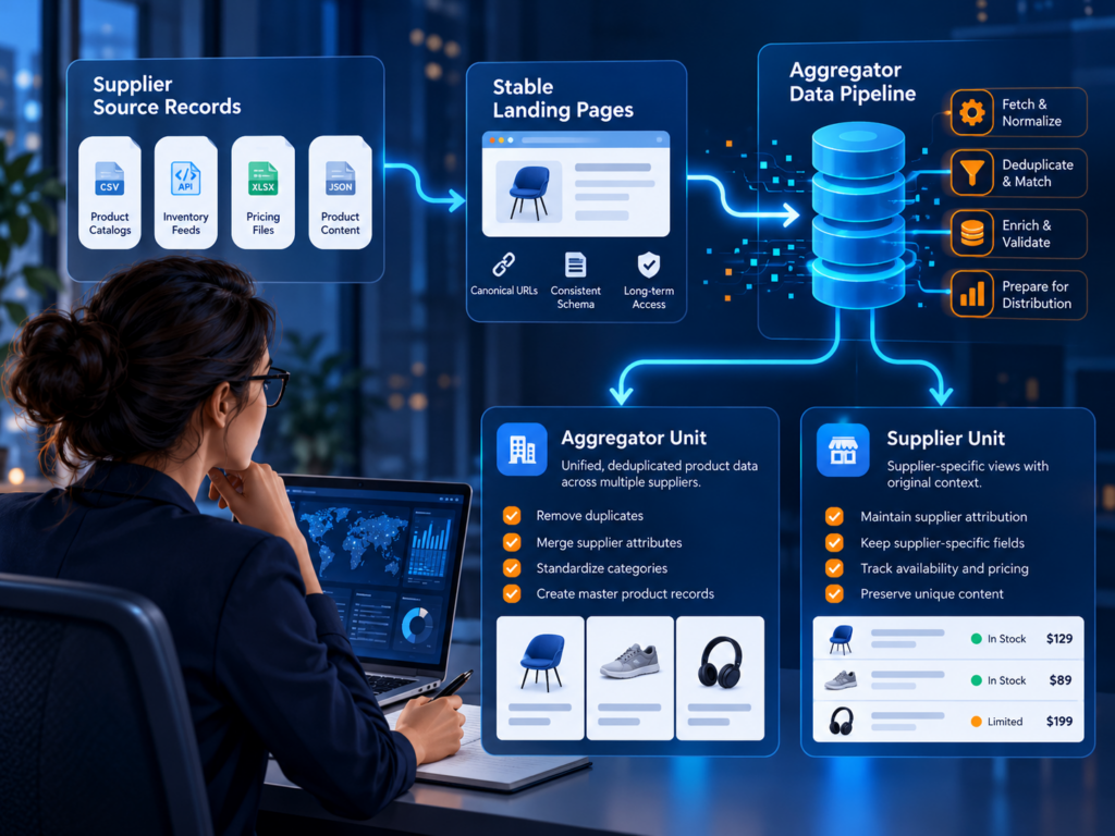 Supplier records and stable landing pages flowing through an aggregator pipeline into aggregator and supplier units.
