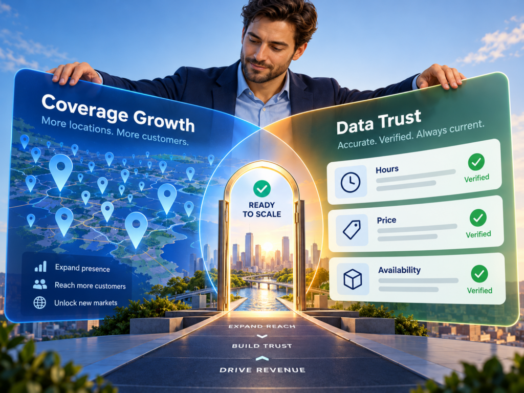 Coverage growth and verified hours, price, and availability overlapping at a readiness gate.