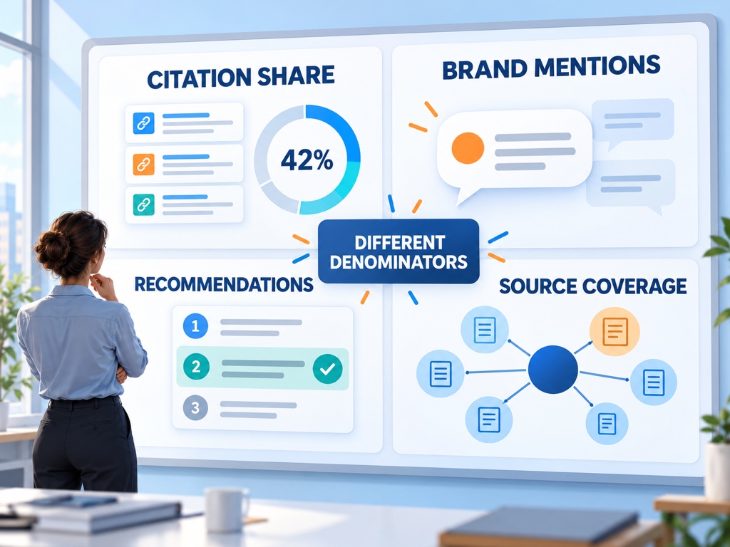 Diagram separating citation share, brand mentions, recommendations, and source coverage