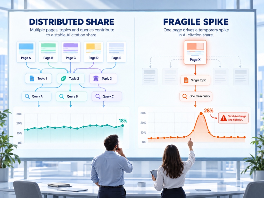 Two analysts comparing a broad healthy citation portfolio with a fragile one-page share spike