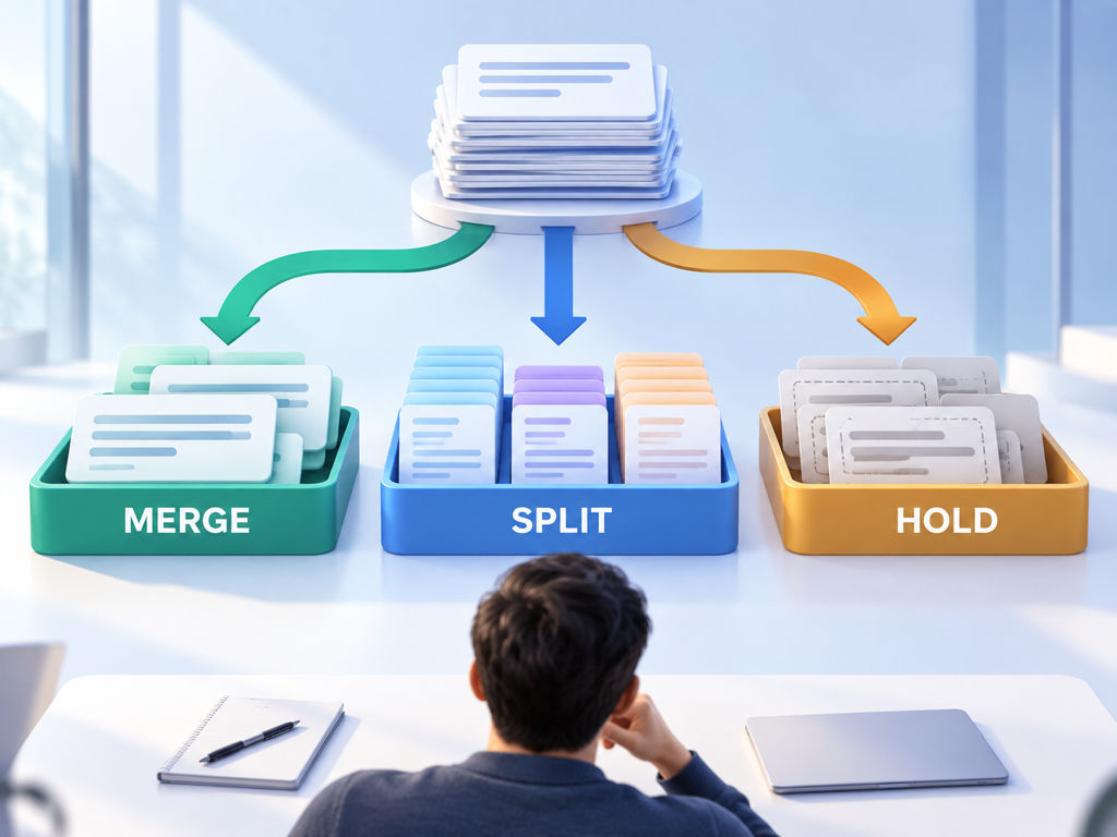Decision comparison showing when prompts should be merged, split into subclusters, or held for more evidence based on answer changes and content needs.