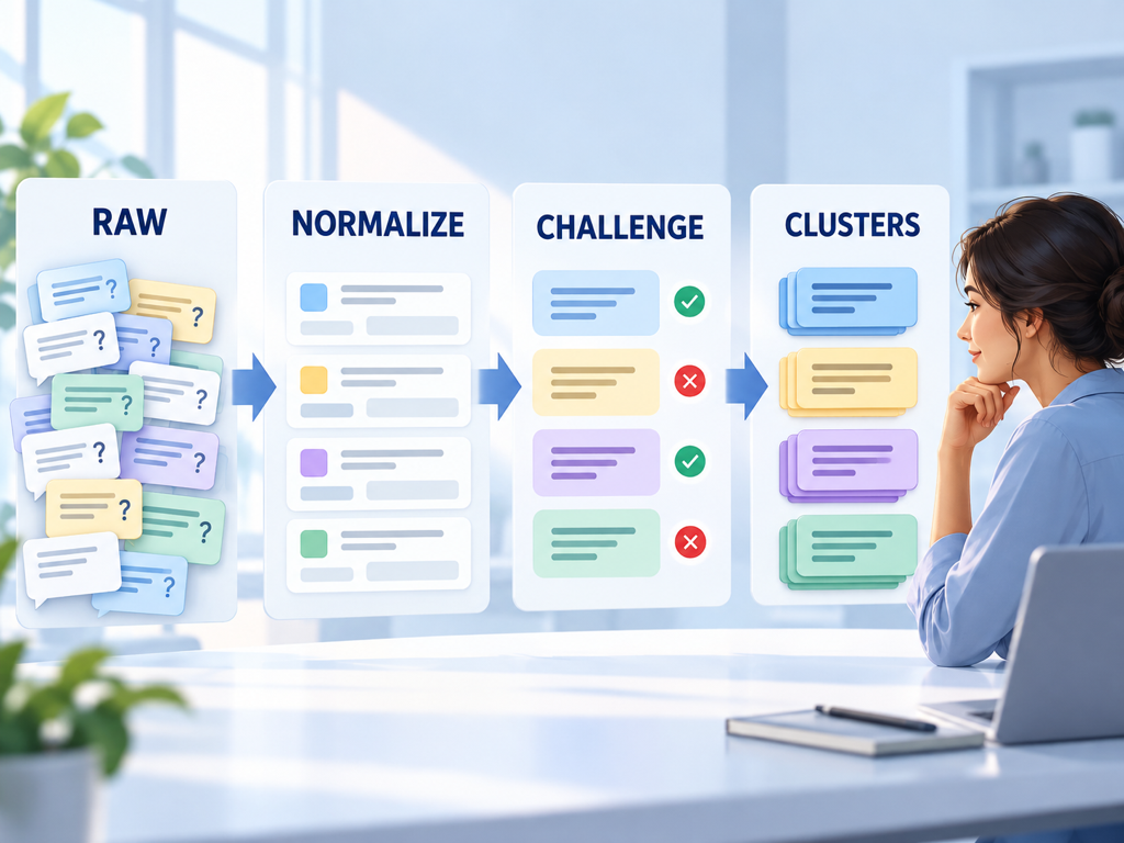 Workflow showing raw buyer questions being normalized, grouped by decision, challenged with controlled variants, and approved as stable prompt clusters.