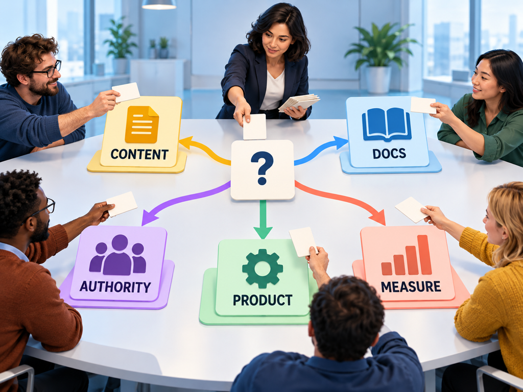 Decision board comparing content, documentation, authority, product, and measurement actions for different AI prompt gap root causes.