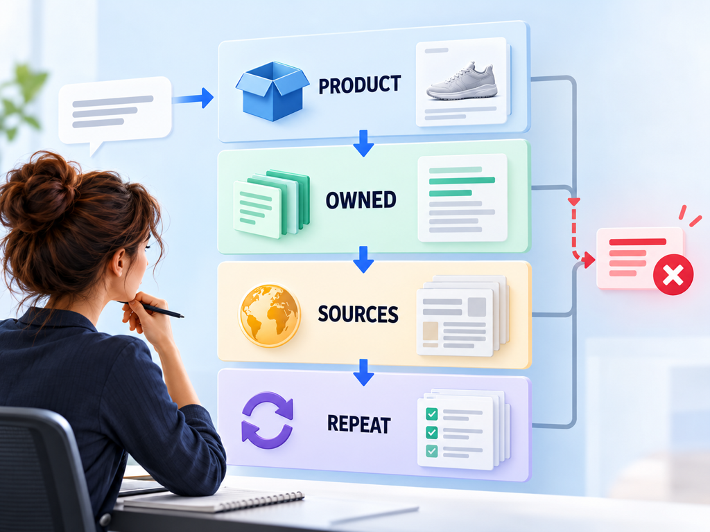 Four-layer diagnostic workflow moving from product truth to owned evidence, independent corroboration, and repeated AI answer behavior.