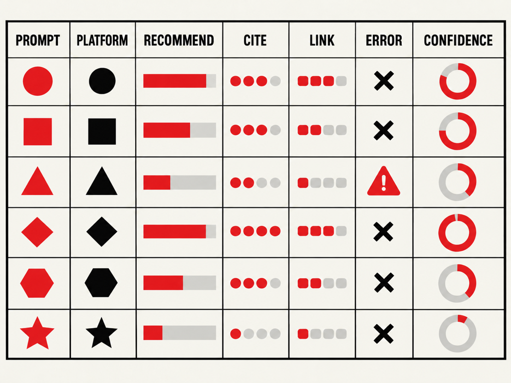 Benchmark scorecard separating prompt family, platform, recommendation rate, citations, merchant links, errors, and confidence.
