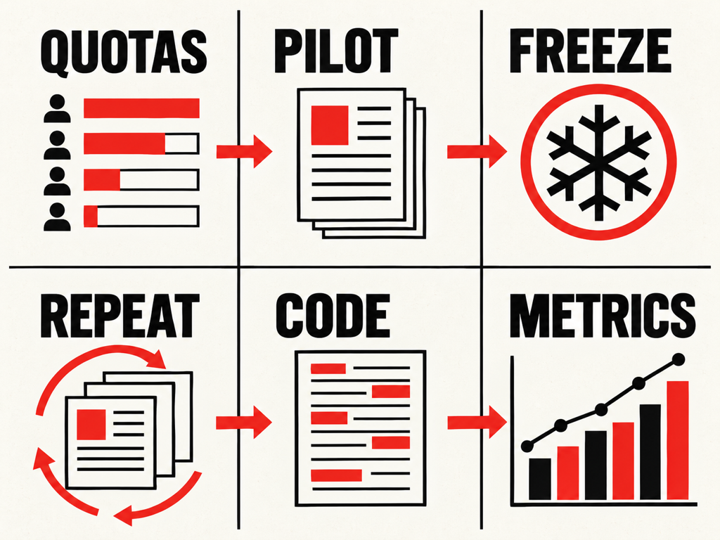 Benchmark workflow from quota design and pilot prompts to frozen conditions, repeated observations, coding, and audited metrics.