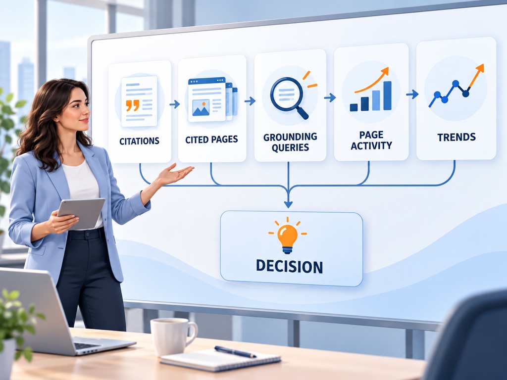 Five-layer Bing AI Performance workflow from citations to decisions