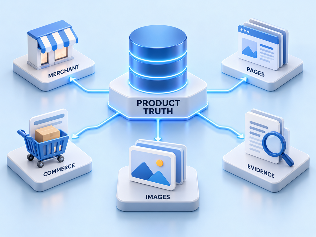 Shared product-truth layer feeding ChatGPT merchant data, public pages, Google Merchant Center, images, and external evidence.