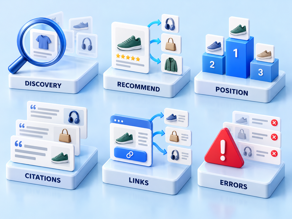 Comparison scorecard separating discovery, recommendation, position, explanation, citation, and merchant-link outcomes for ChatGPT and Google AI shopping.