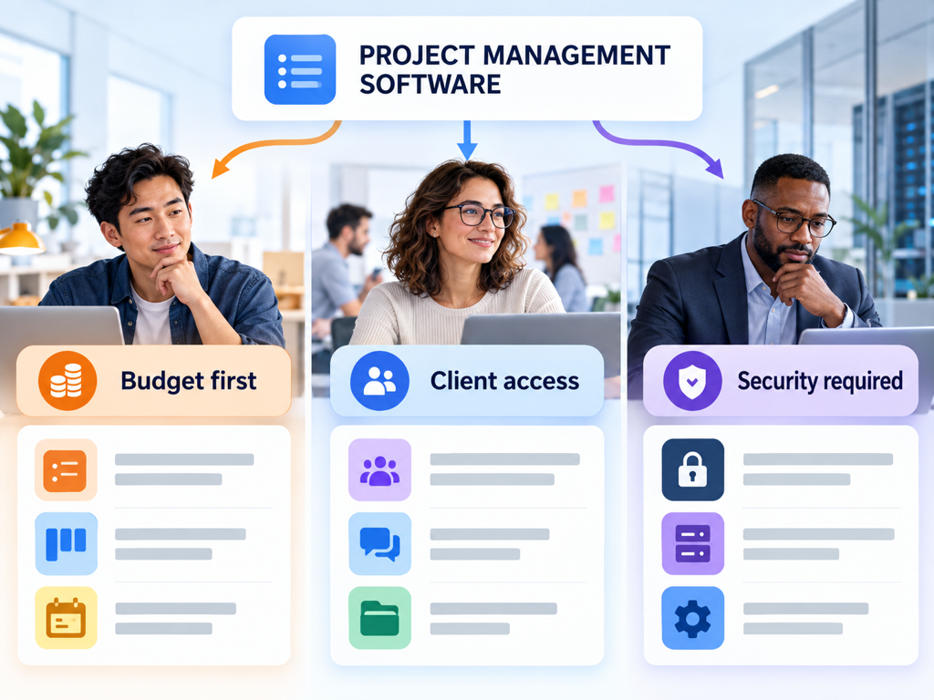 Different budget, client access, and security constraints producing different software recommendations