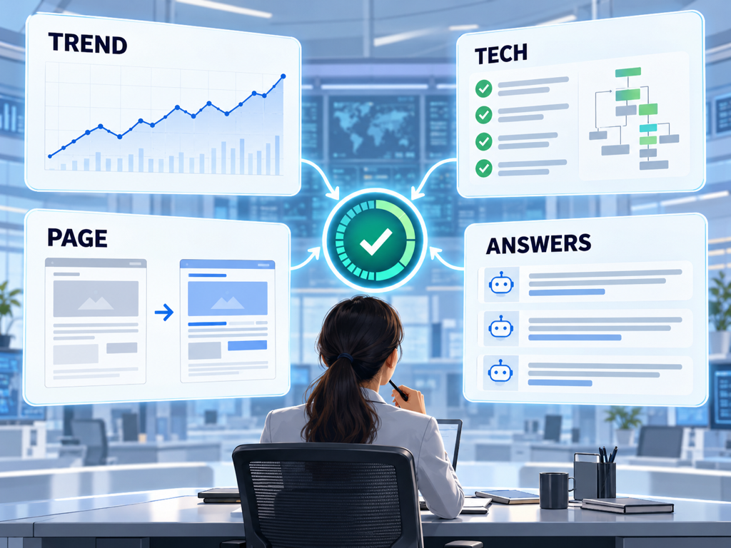 Evidence board combining Search Console trends, technical checks, page changes, and repeated AI answers before accepting a cause.