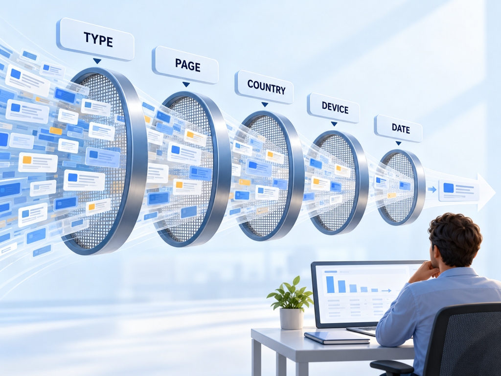 Diagnostic funnel narrowing a Search Console AI impression change by search type, page, country, device, and date.