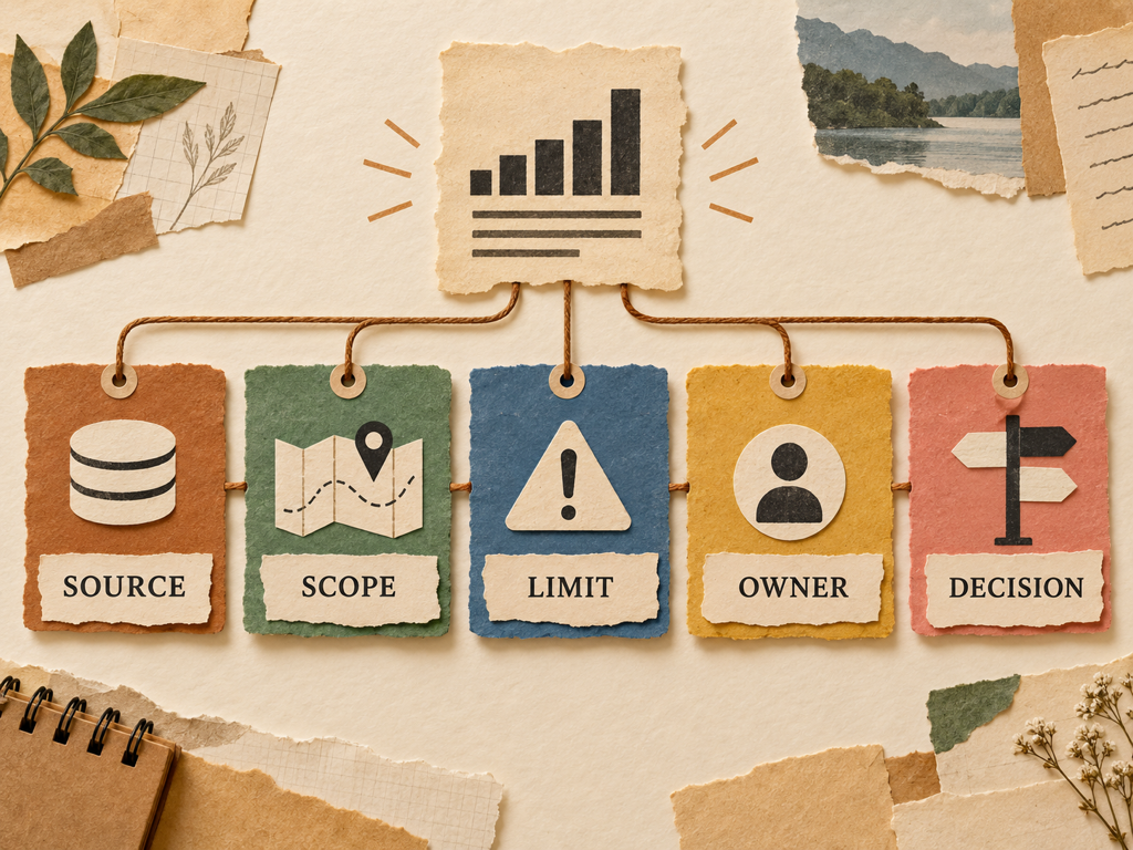 Measurement contract linking each metric to its source, scope, limitation, owner, and business decision before dashboarding.