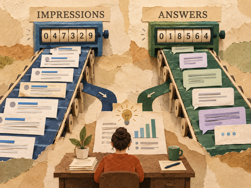 Two measurement lanes showing GSC counting first-party Google link impressions and a tracker observing prompt-level answers across platforms.