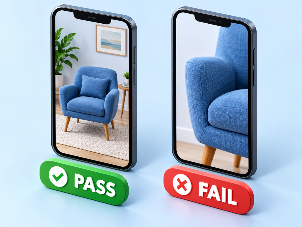 Side-by-side audit showing a passing mobile image-page pair and a failing version with cropped subject, hidden attributes, and broken context.
