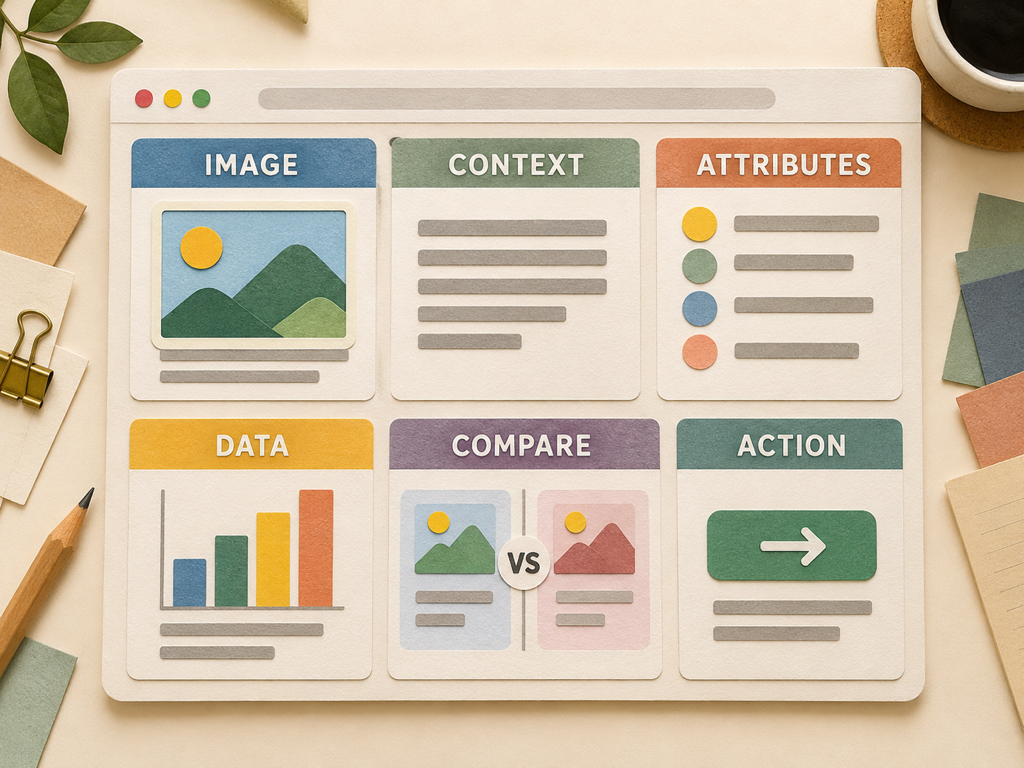 Page blueprint showing crawlable images, concise context, attributes, structured data, comparison evidence, and a clear next action.
