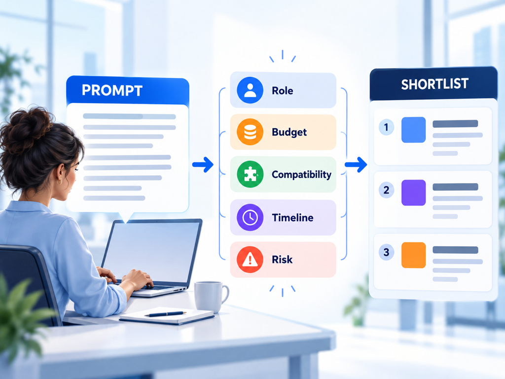 AI prompt separated into role, budget, compatibility, timeline, and risk signals before producing a shortlist
